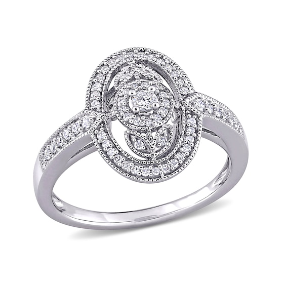 0.24 CT. T.W. Diamond Open Oval Frame Flower Vintage-Style Ring in Sterling Silver