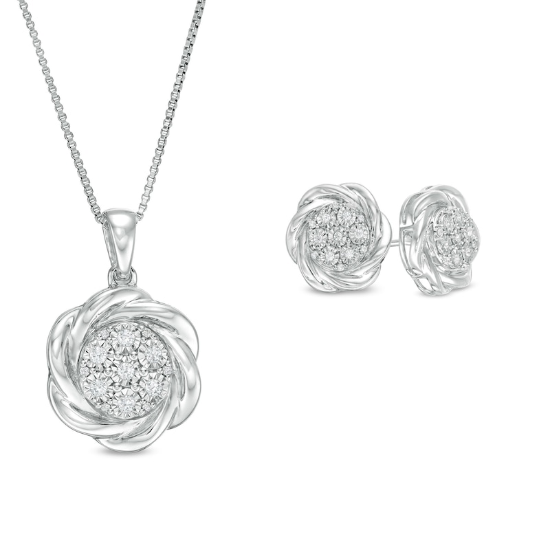 0.20 CT. T.W. Composite Diamond Swirl Frame Pendant and Stud Earrings Set in Sterling Silver
