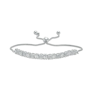 0.10 CT. T.W. Baguette and Round Diamond Alternating Bolo Bracelet in Sterling Silver - 9.5"