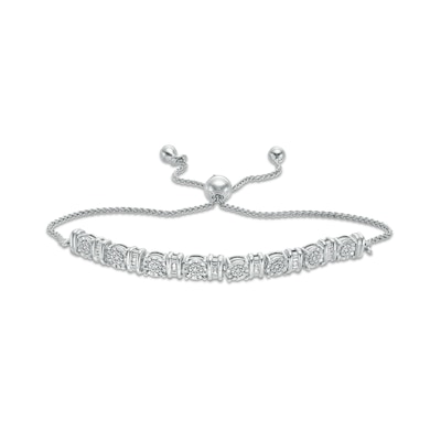 0.10 CT. T.W. Baguette and Round Diamond Alternating Bolo Bracelet in Sterling Silver - 9.5"