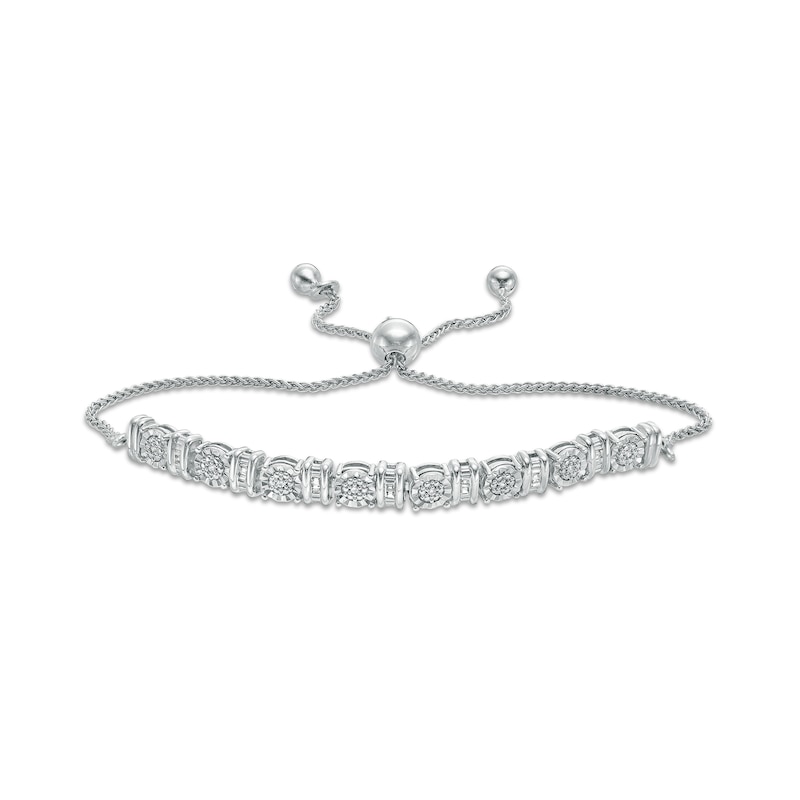 0.10 CT. T.W. Baguette and Round Diamond Alternating Bolo Bracelet in Sterling Silver - 9.5"|Peoples Jewellers