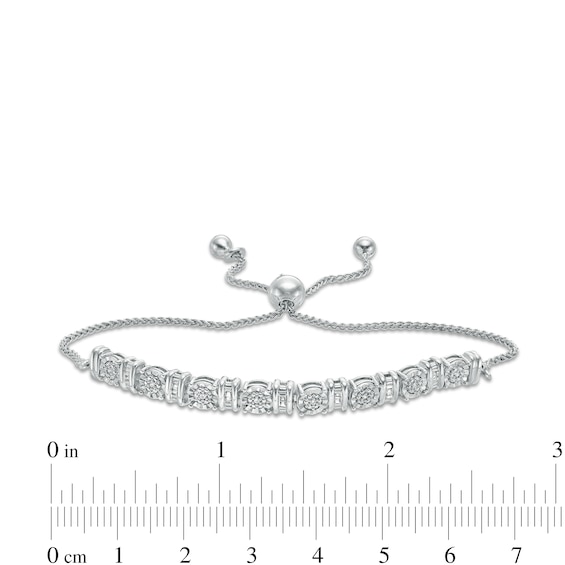 0.10 CT. T.W. Baguette and Round Diamond Alternating Bolo Bracelet in Sterling Silver - 9.5"