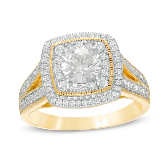 1.29 CT. T.W. Diamond Cushion Frame Split Shank Vintage-Style Engagement Ring in 10K Gold