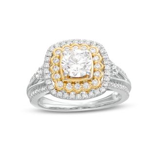 1.29 CT. T.W. Diamond Scallop and Cushion Double Frame Split Shank Engagement Ring in 10K Two-Tone Gold