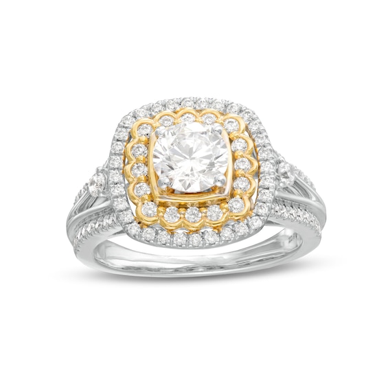 1.29 CT. T.W. Diamond Scallop and Cushion Double Frame Split Shank Engagement Ring in 10K Two-Tone Gold