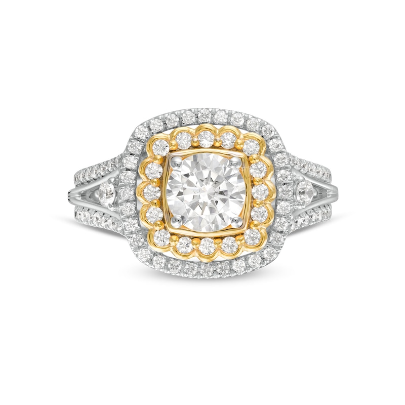 1.29 CT. T.W. Diamond Scallop and Cushion Double Frame Split Shank Engagement Ring in 10K Two-Tone Gold