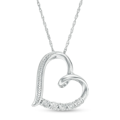 Diamond Accent Tilted Ribbon Heart Pendant in Sterling Silver