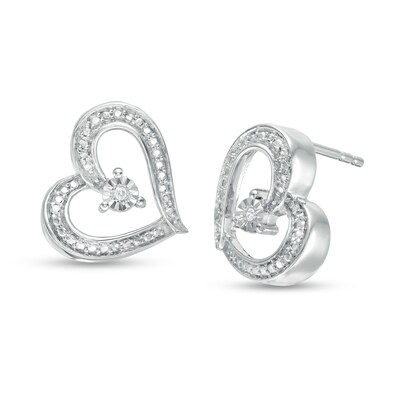 Diamond Accent Tilted Ribbon Heart Stud Earrings in Sterling Silver