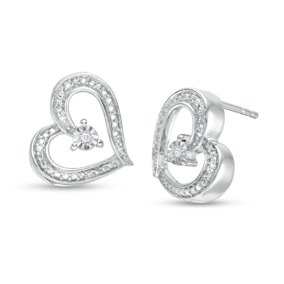 Diamond Accent Tilted Ribbon Heart Stud Earrings in Sterling Silver ...