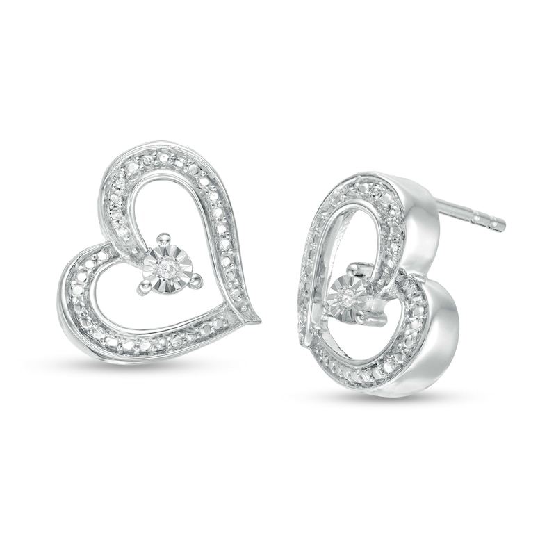 Diamond Accent Tilted Ribbon Heart Stud Earrings in Sterling Silver|Peoples Jewellers