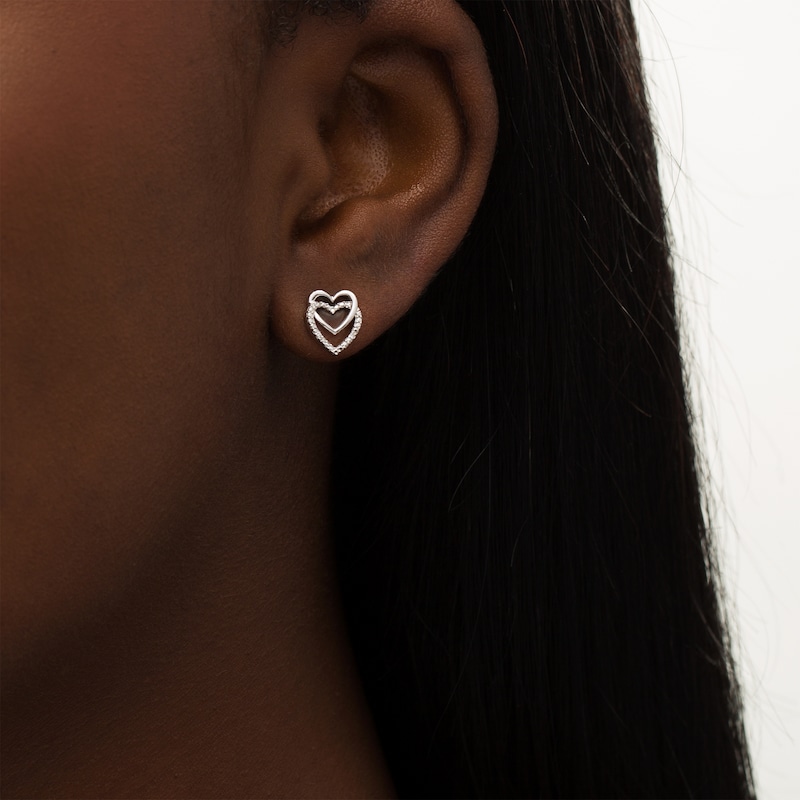 Diamond Accent Linear Double Heart Stud Earrings in Sterling Silver|Peoples Jewellers