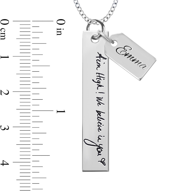 Engravable Your Own Handwriting and Name Tag Charm Vertical Bar Pendant in Sterling Silver (1 Image and Line)|Peoples Jewellers