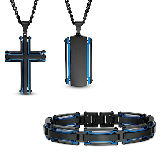 Men's Multi-Finish Dog Tag, Cross Pendant and Link Chain Bracelet Set in Stainless Steel with Black and Blue IP - 24"