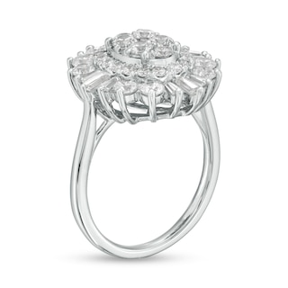 2.00 CT. T.W. Baguette and Round Diamond Oval Sunburst Frame Ring in 10K White Gold