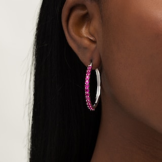 3.0mm Lab-Created Ruby Hoop Earrings in Sterling Silver