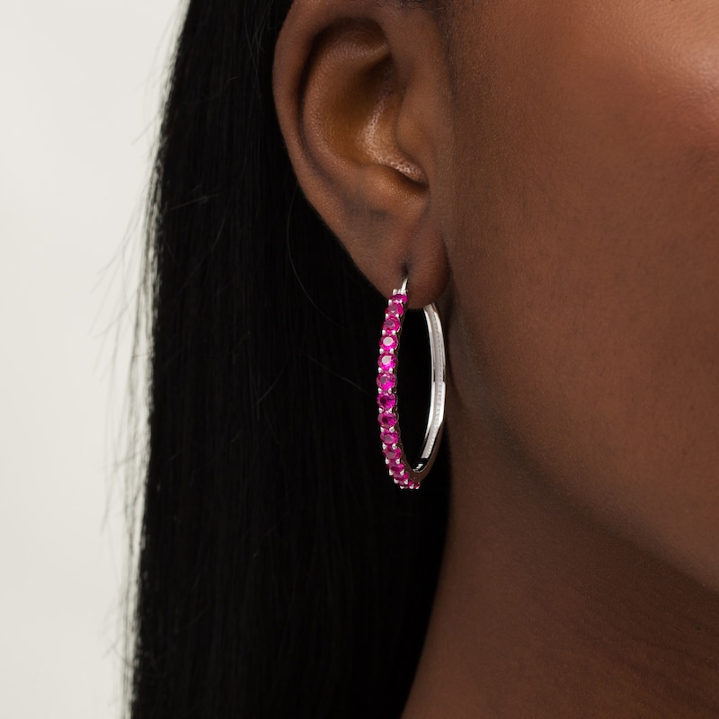 3.0mm Lab-Created Ruby Hoop Earrings in Sterling Silver|Peoples Jewellers