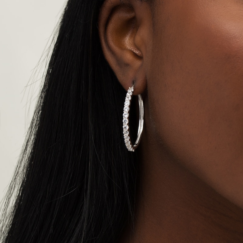 3.0mm Lab-Created Sapphire Hoop Earrings in Sterling Silver|Peoples Jewellers