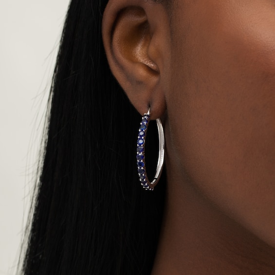 3.0mm Lab-Created Blue Sapphire Hoop Earrings in Sterling Silver