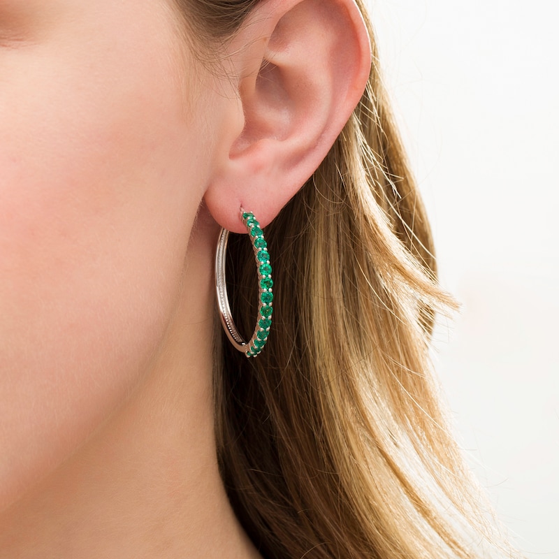 3.0mm Lab-Created Emerald Hoop Earrings in Sterling Silver