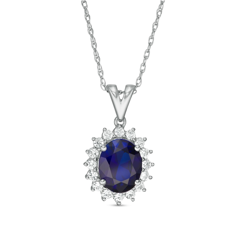 Oval Lab-Created Blue and White Sapphire Starburst Frame Pendant in Sterling Silver|Peoples Jewellers