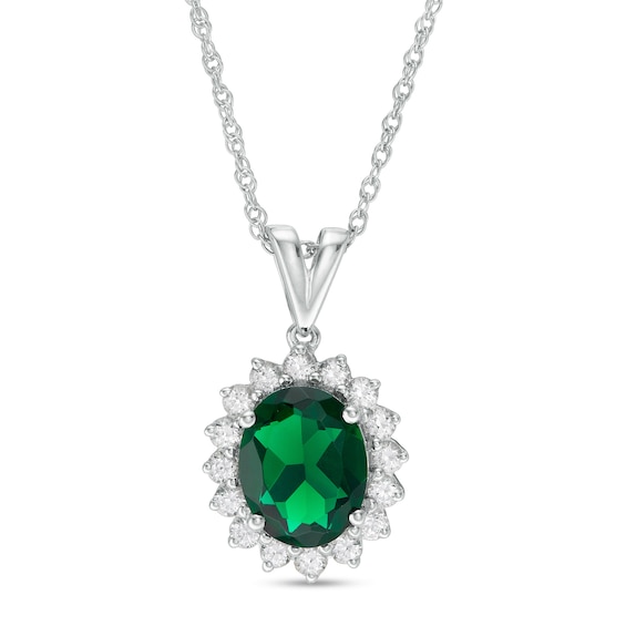 Oval Lab-Created Emerald and White Sapphire Starburst Frame Pendant in Sterling Silver