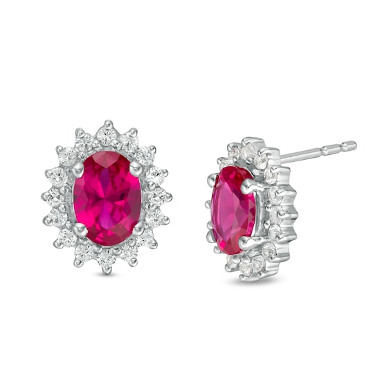 Oval Lab-Created Ruby and White Sapphire Starburst Frame Stud Earrings ...