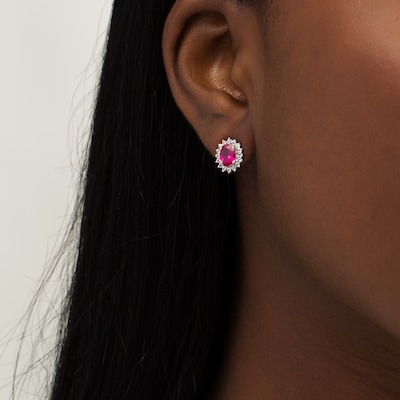 Oval Lab-Created Ruby and White Sapphire Starburst Frame Stud Earrings in Sterling Silver