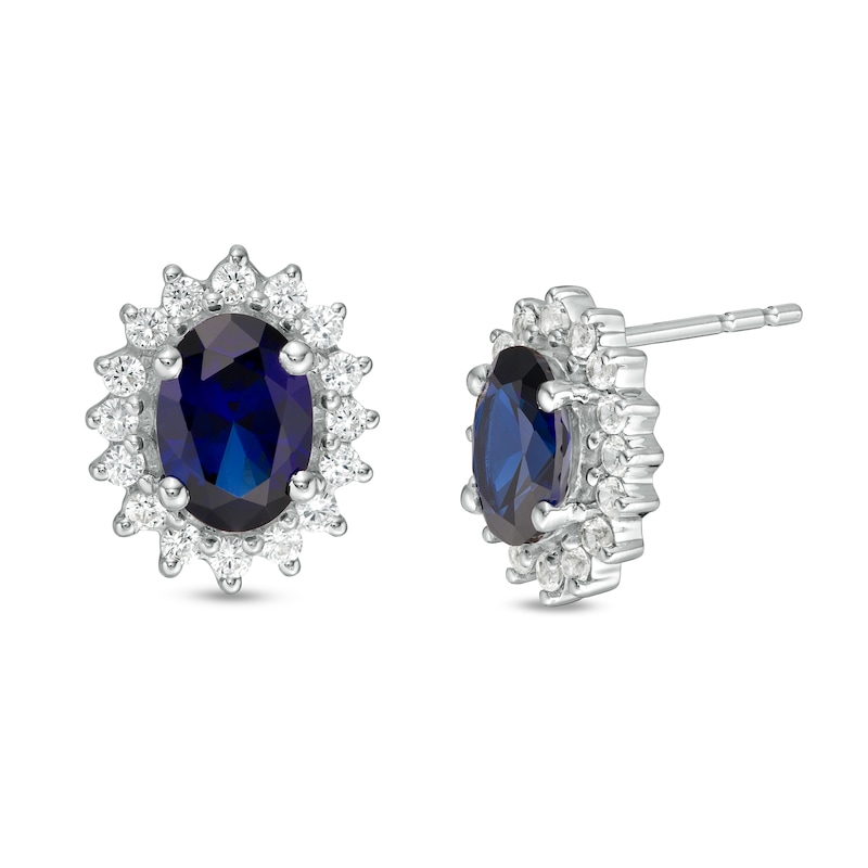 Oval Lab-Created Blue and White Sapphire Starburst Frame Stud Earrings in Sterling Silver|Peoples Jewellers