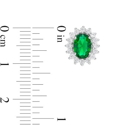 Oval Lab-Created Emerald and White Sapphire Starburst Frame Stud Earrings in Sterling Silver