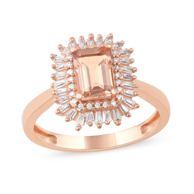 Emerald-Cut Morganite and 0.25 CT. T.W. Baguette and Round Diamond Double Frame Ring in 10K Rose Gold