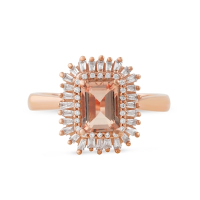 Emerald-Cut Morganite and 0.25 CT. T.W. Baguette and Round Diamond Double Frame Ring in 10K Rose Gold