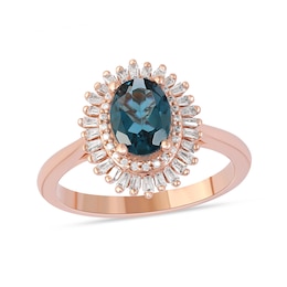 Oval London Blue Topaz and 0.25 CT. T.W. Baguette and Round Diamond Double Frame Ring in 10K Rose Gold
