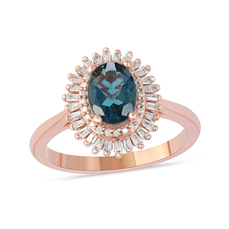 Main Image 1 of Oval London Blue Topaz and 0.25 CT. T.W. Baguette and Round Diamond Double Frame Ring in 10K Rose Gold