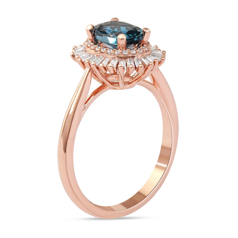 Main Image 2 of Oval London Blue Topaz and 0.25 CT. T.W. Baguette and Round Diamond Double Frame Ring in 10K Rose Gold