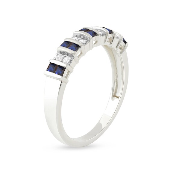 Princess-Cut Blue Sapphire and 0.10 CT. T.W. Diamond Alternating Duos Ring in 10K White Gold