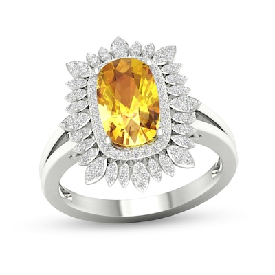 Cushion-Cut Citrine and White Topaz Frame Split Shank Sunflower Ring in 10K White Gold