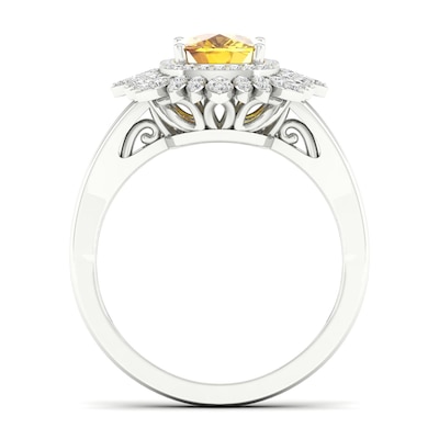 Cushion-Cut Citrine and White Topaz Frame Split Shank Sunflower Ring in 10K White Gold