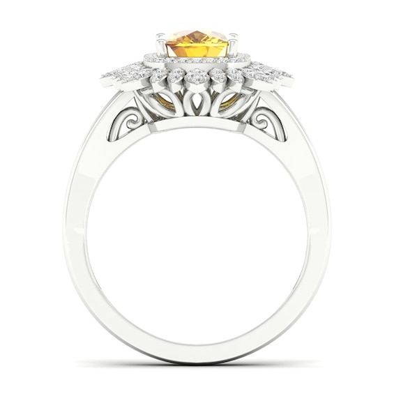 Cushion-Cut Citrine and White Topaz Frame Split Shank Sunflower Ring in 10K White Gold