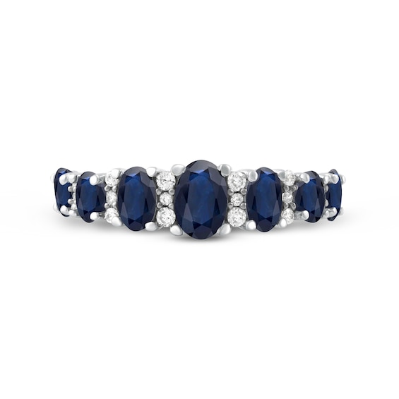 Oval Blue Sapphire and 0.15 CT. T.W. Diamond Graduated Seven Stone Alternating Trios Ring in 10K White Gold