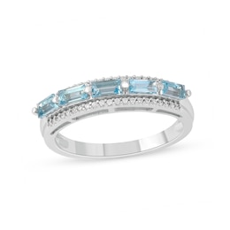 Sideways Baguette Swiss Blue Topaz and 0.12 CT. T.W. Diamond Border Five Stone Triple Row Ring in 10K White Gold