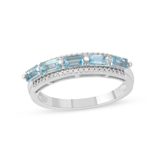 Sideways Baguette Swiss Blue Topaz and 0.12 CT. T.W. Diamond Border Five Stone Triple Row Ring in 10K White Gold