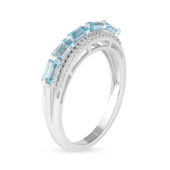 Sideways Baguette Swiss Blue Topaz and 0.12 CT. T.W. Diamond Border Five Stone Triple Row Ring in 10K White Gold