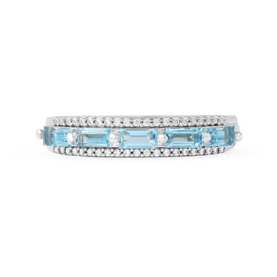 Sideways Baguette Swiss Blue Topaz and 0.12 CT. T.W. Diamond Border Five Stone Triple Row Ring in 10K White Gold