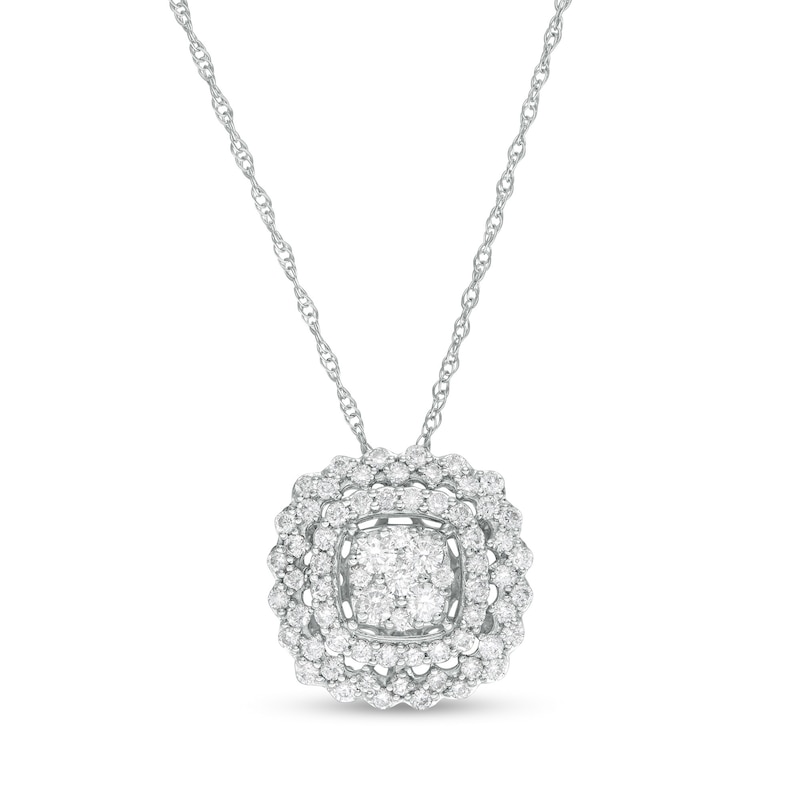 0.50 CT. T.W. Composite Diamond Double Cushion Scallop Frame Pendant in 10K White Gold|Peoples Jewellers