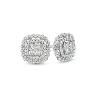 1.00 CT. T.W. Composite Diamond Double Cushion Scallop Frame Stud Earrings in 10K White Gold