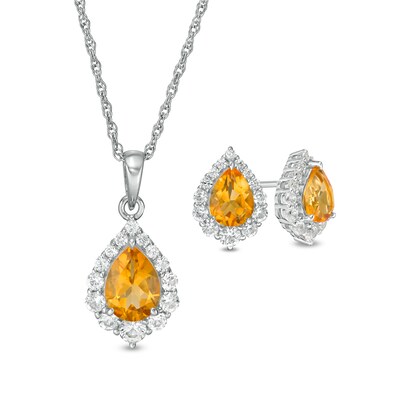 Pear-Shaped Citrine and Lab-Created White Sapphire Frame Pendant and Stud Earrings Set in Sterling Silver