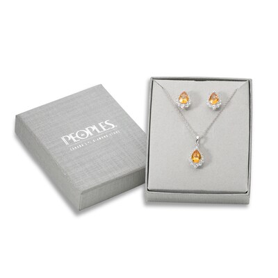 Pear-Shaped Citrine and Lab-Created White Sapphire Frame Pendant and Stud Earrings Set in Sterling Silver