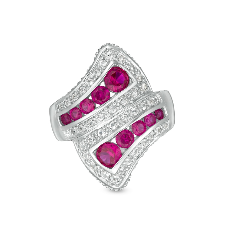 Graduated Lab-Created Ruby and White Sapphire Triple Row Bypass Loop Ribbon Ring in Sterling Silver|Peoples Jewellers