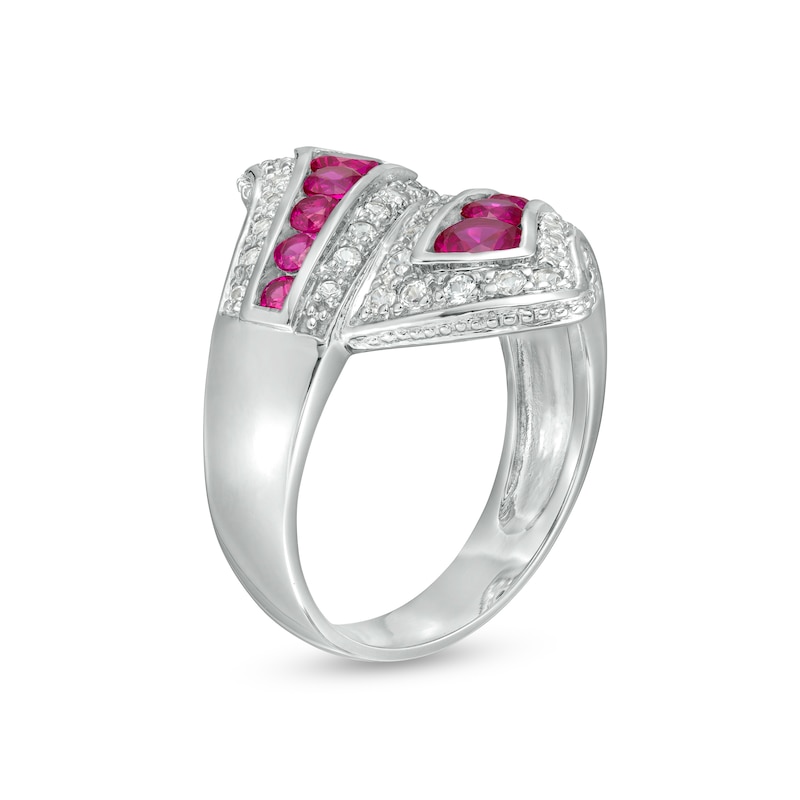 Graduated Lab-Created Ruby and White Sapphire Triple Row Bypass Loop Ribbon Ring in Sterling Silver