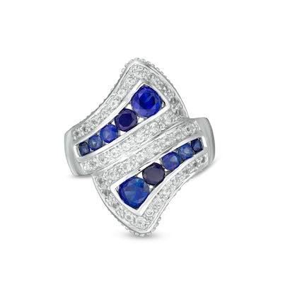 Graduated Lab-Created Blue and White Sapphire Triple Row Bypass Loop Ribbon Ring in Sterling Silver